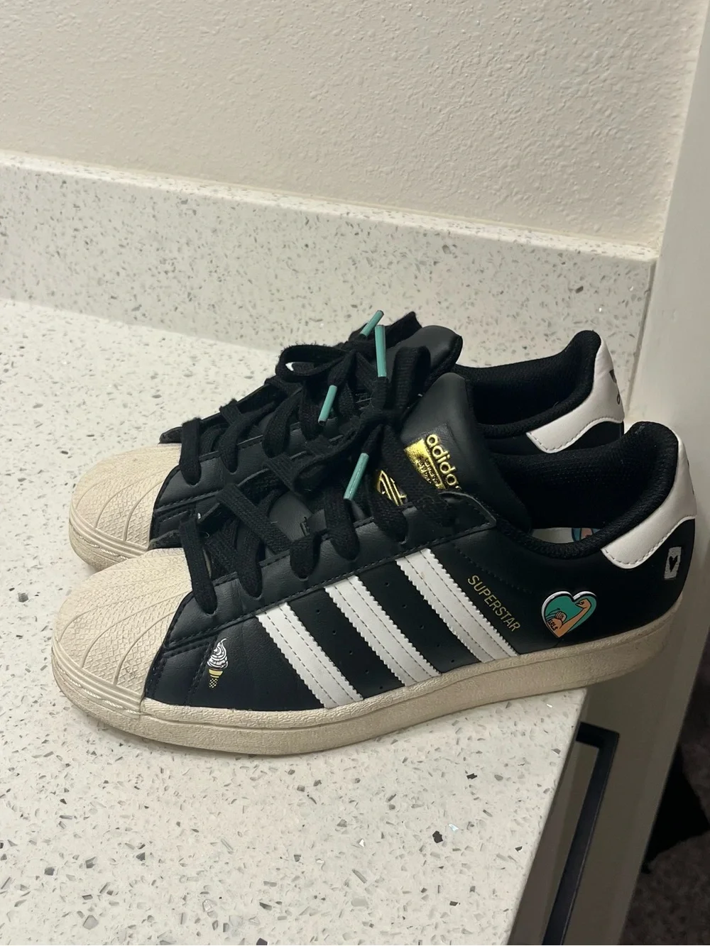 adidas Kids Black, White & Teal Superstar Sneakers